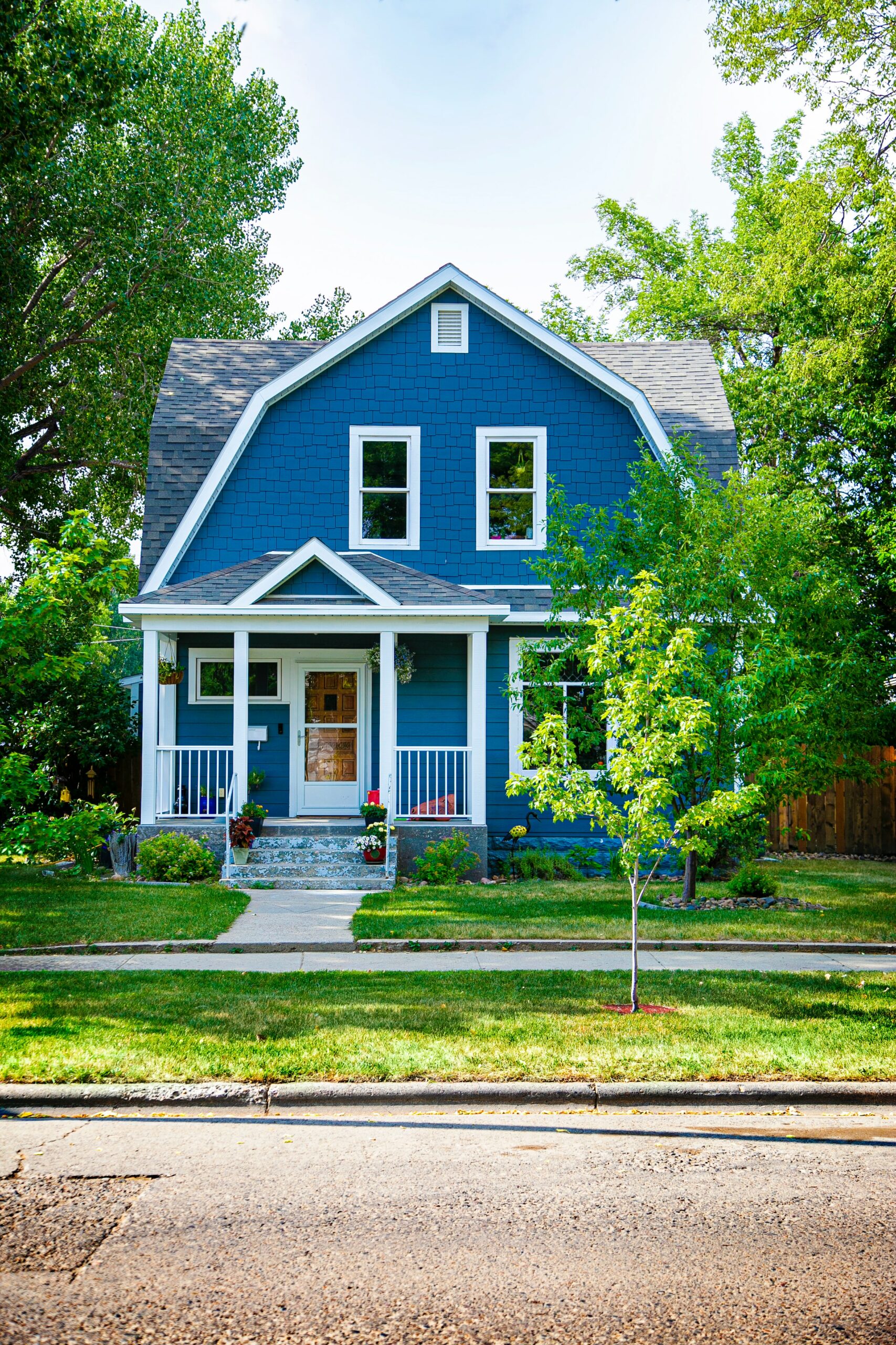 blue house on tree lined street, today's housing market